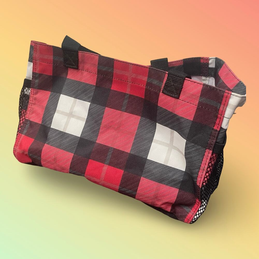 Thirty-One All In Organizer Tote Bag Check Mate Red Black Plaid Mesh Pockets